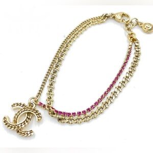 Chanel Pink Crystal Chain Bracelet - 100% Authentic